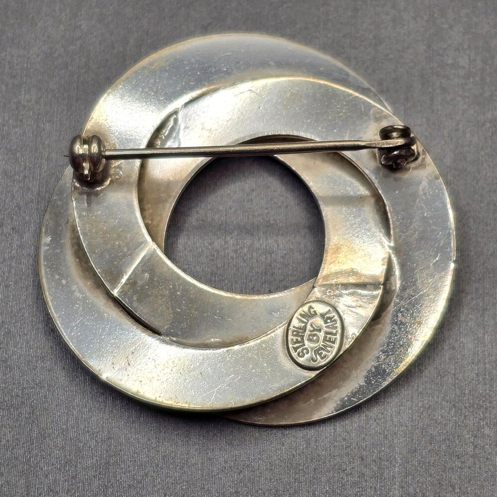 VTG Jewel Art Sterling Silver Double Circle Brooch 1.5" Ribbed Accents 12.93g - Picture 2 of 5